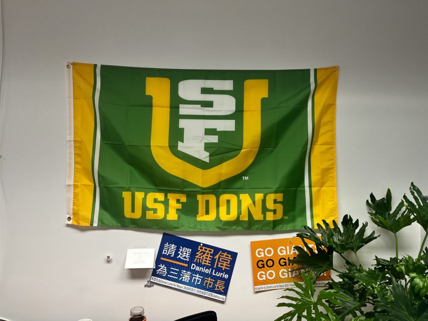 Green and yellow USF Dons flag on a wall, with two campaign signs below it. A plant is in the bottom right corner.