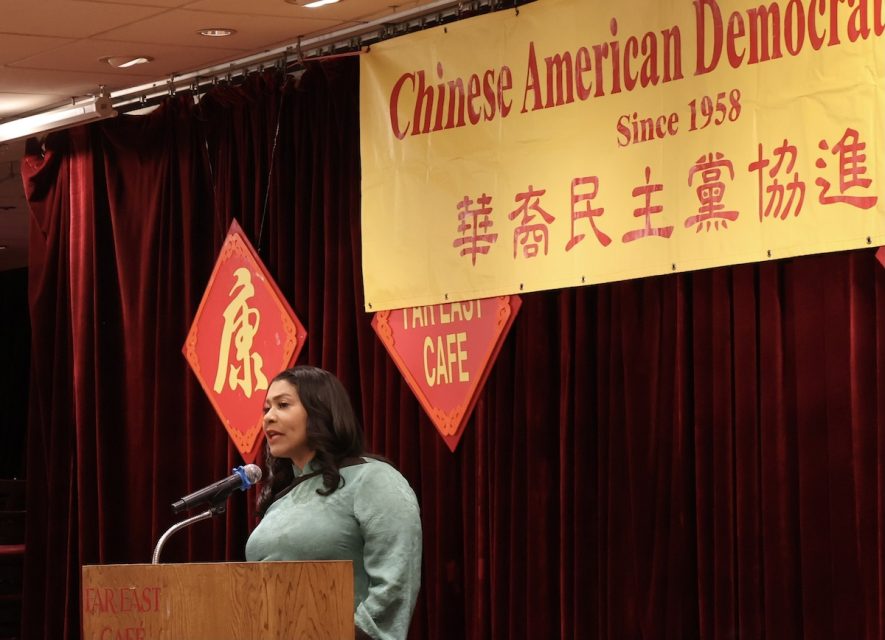 A woman stands at a podium speaking under a banner that reads "Chinese American Democrats Since 1958" with additional Chinese characters and other decorations on the banner and wall behind her.
