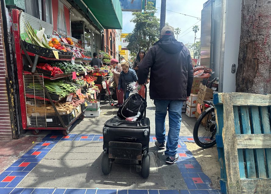 A person in a black jacket and jeans walks down a sidewalk with a wheeled bag near a street market displaying vegetables and fruit. Shoppers and vendors are visible in the background.