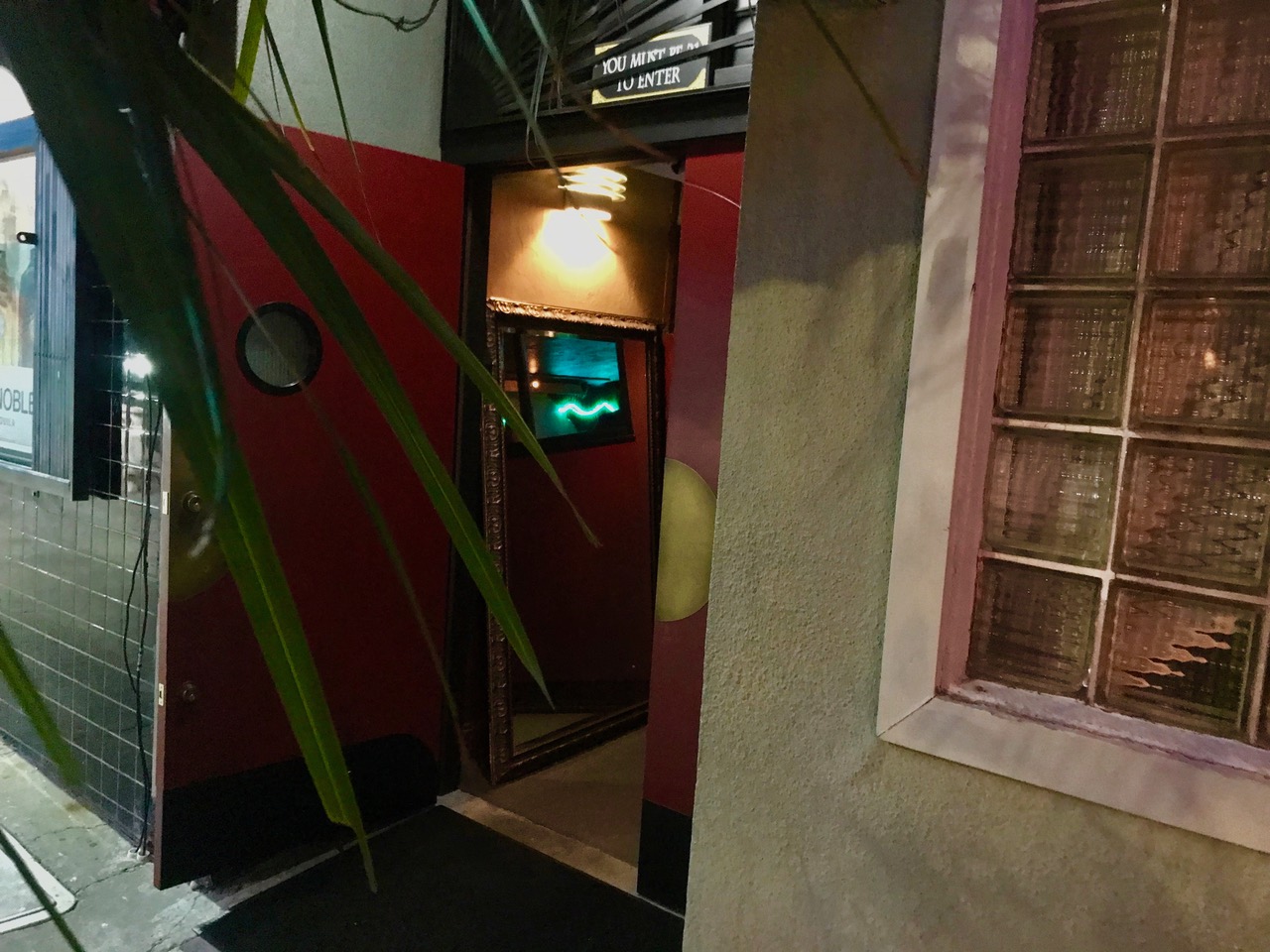 A dimly lit doorway with red double doors opens to a corridor featuring a framed mirror and a neon green light in the background. Partial view of a plant and a glass brick wall is visible.