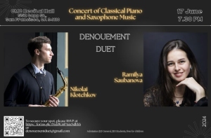 Flyer for a classical piano and saxophone concert featuring Nikolai Klotchkov and Ramilya Saubanova on 17 June at 7:30 PM at Freehold Hall. Includes a QR code for tickets and contact information.