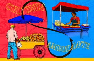 Illustration of two street vendors with their handcarts, one selling fruits under a blue canopy and another selling prepared foods under a red canopy. Text reads "Cultura Ambulante" over a colorful background.