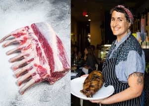 A raw meat rack on the left and a smiling person in an apron holding a cooked meat dish on the right in a restaurant setting.
