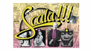 Title text "Scala!!!" in large yellow font with three black-and-white square photos below: a couple, a person in a suit, and a face with an open mouth. Background is a collage of various images.