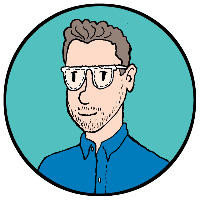 Cartoon illustration of a man with short hair, glasses, a beard, and a blue collared shirt, set inside a circular teal background.