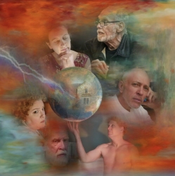 A diverse group of people in contemplative poses, surrounded by a surreal, colorful background. A hand holds a globe featuring a small house in the center. Some appear deep in thought or conversation.