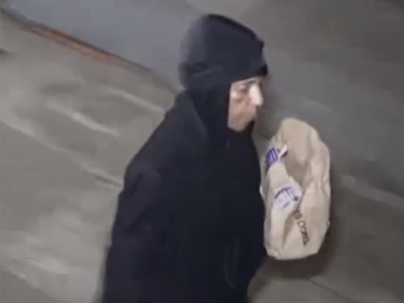Person wearing dark clothing and a beanie walks on a concrete surface while carrying a beige paper bag with text on it. They are a person of interest in hate crimes against a local dog walker.
