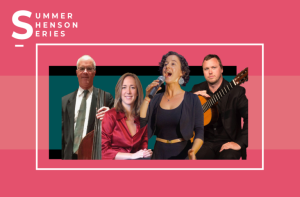 Four musicians are shown on a promotional image for the Summer Henson Series event. There are three men with musical instruments and a woman singing into a microphone. The background is pink and teal.