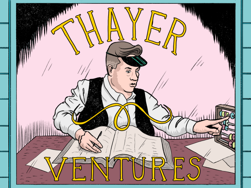 插圖：一名戴帽子身穿背心的男子坐在桌前，桌上有算盤和紙張。「Thayer Ventures」幾個大字出現在他的上方。