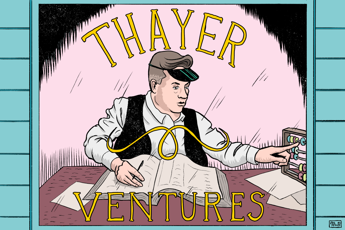 插圖：一名戴帽子身穿背心的男子坐在桌前，桌上有算盤和紙張。「Thayer Ventures」幾個大字出現在他的上方。