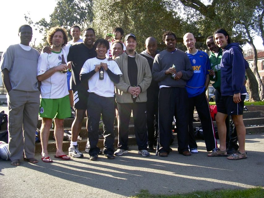 A group of players of the "SF International Soccer Family" pose for a photo after a game circa early 2000's. Photo courtesy of Raul Fernandez.