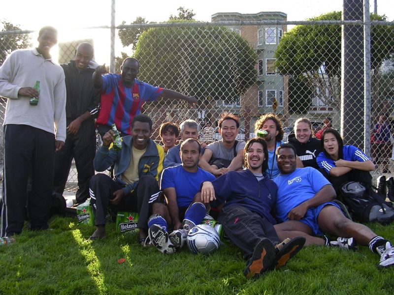 A group of players of the "SF International Soccer Family" pose for a photo after a game circa early 2000's. Photo courtesy of Raul Fernandez.