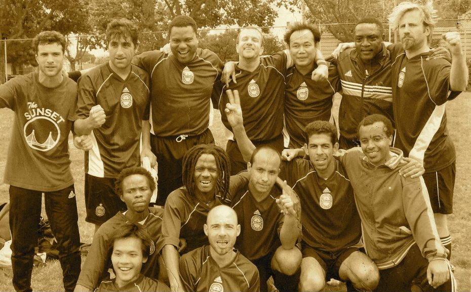 A group of players of the "SF International Soccer Family" pose for a photo after a game circa early 2000's. Photo courtesy of Raul Fernandez.