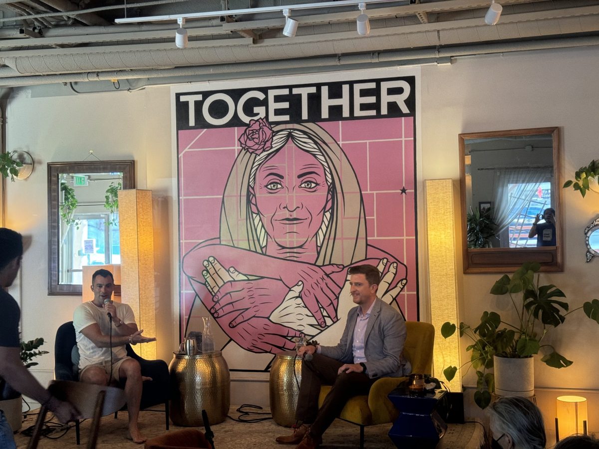 Manny Yekutiel and Trevor Chandler during a town hall meeting with the supervisorial candidate on Thursday May 9, 2024. Photo by Oscar Palma.