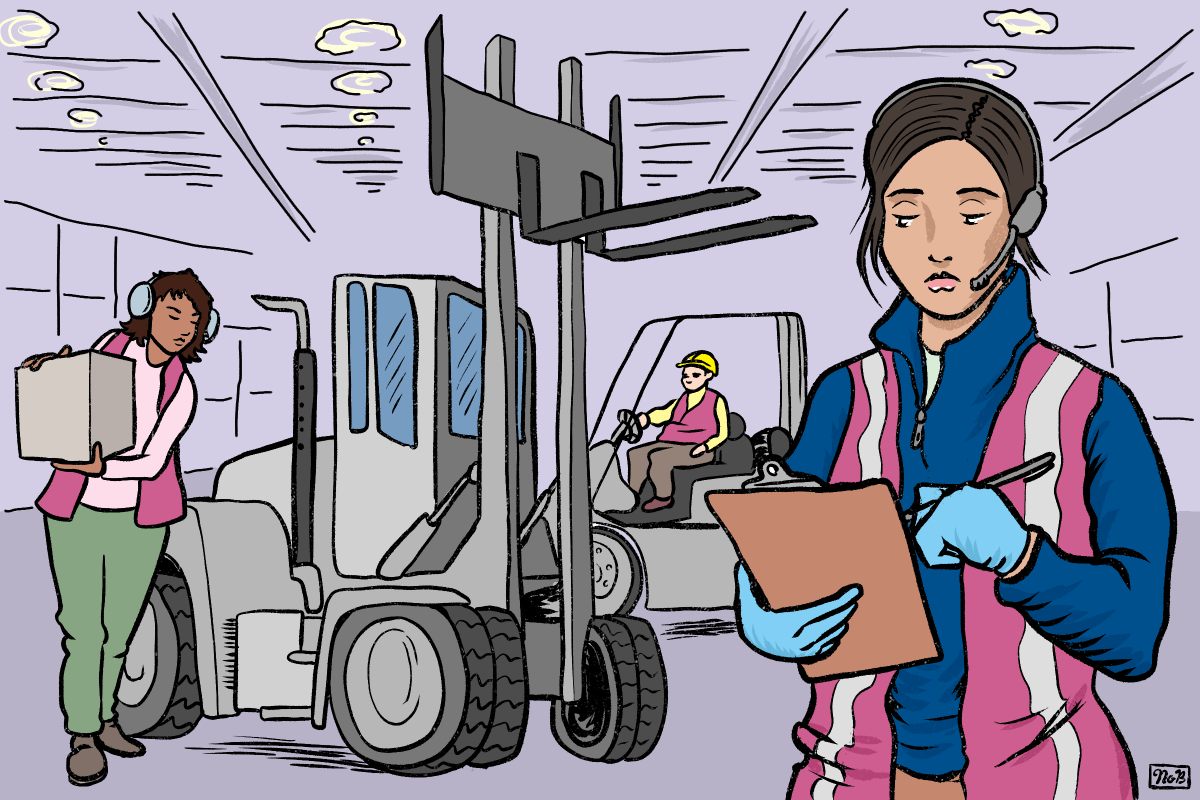 Three warehouse workers: one carrying a box, one driving a forklift, and one holding a clipboard and wearing a headset. They are all wearing safety vests and gloves in a large indoor facility.