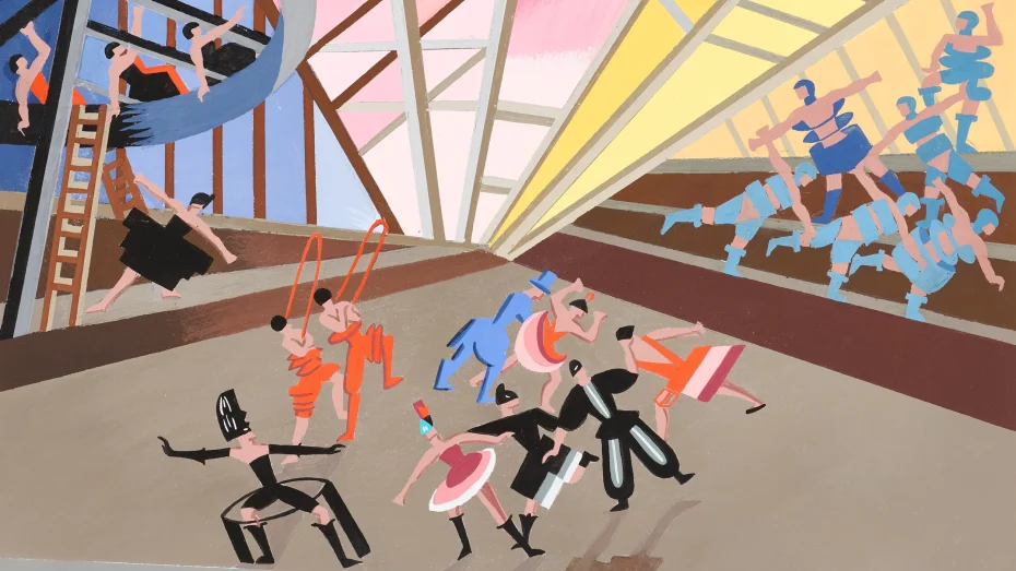 A colorful, abstract painting featuring geometric human figures in dynamic poses, against a backdrop with triangular window frames and beams of light, akin to exhibits found in museums. Several figures are engaged in various activities.