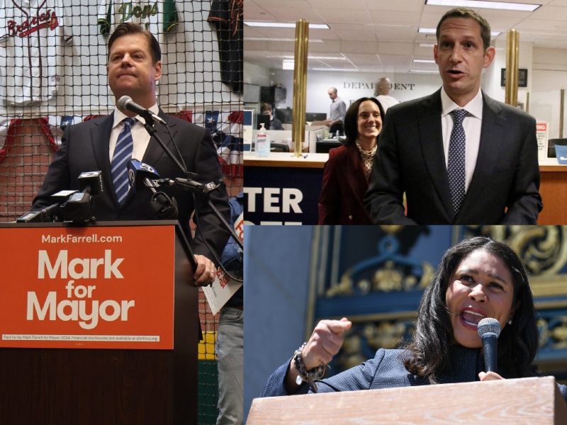 A collage of three photos showing individuals speaking on microphones and addressing crowds. A campaign sign "Mark for Mayor" is visible in one image.