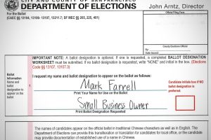 A ballot designation request form from the San Francisco Department of Elections. The requested name is "Mark Farrell" with the ballot designation "Small Business Owner" filled in.