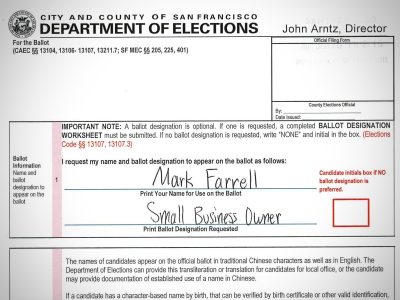 A ballot designation request form from the San Francisco Department of Elections. The requested name is "Mark Farrell" with the ballot designation "Small Business Owner" filled in.