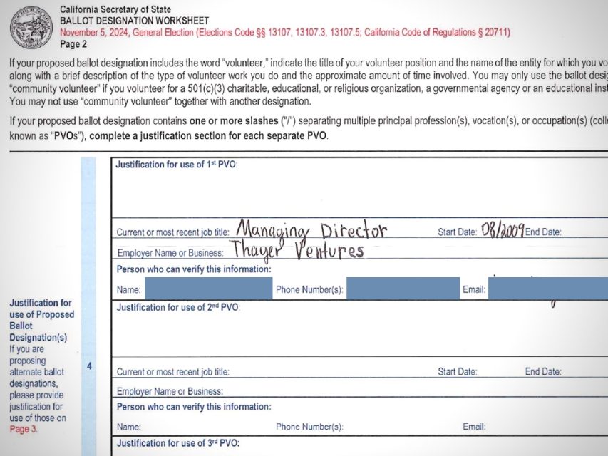 填写完毕的选票指定工作表,显示 "Thayer Ventures "的头衔为 "总经理",日期为 2022 年 10 月 8 日。表格中包括职位名称和联系人部分,以便核实。