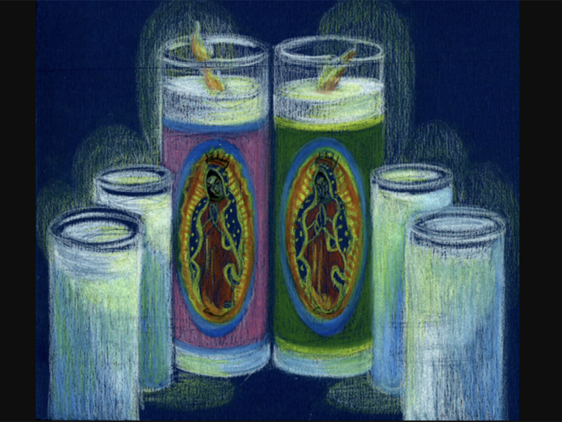 Illustration of two lit candles with religious iconography in the center, surrounded by five unlit candles.