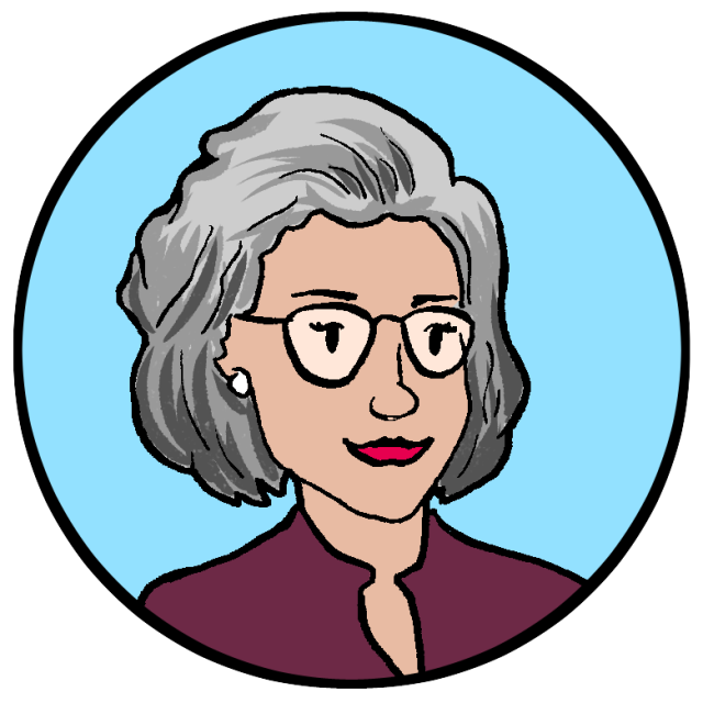 Illustration of a woman with short gray hair, glasses, and a maroon top, set against a light blue circular background.