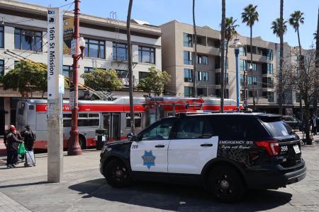 A police vehicle is parked near a 16th St. Mission station sign with a red and white streetcar and several buildings in the background. Shooting at Powell