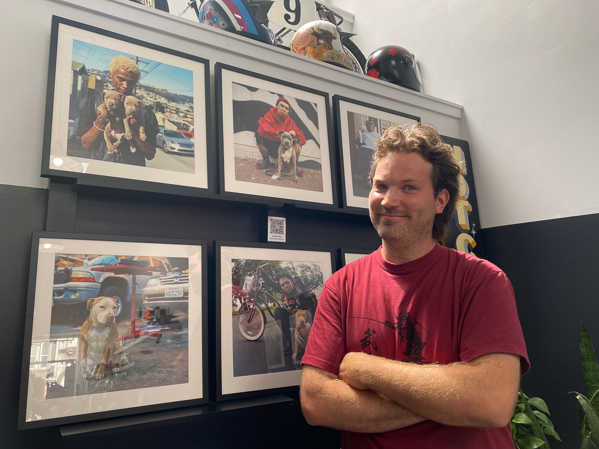 A person stands with arms crossed in front of a wall displaying five framed photographs, all featuring dogs and people in different settings. The wall also has motorcycle helmets placed on the shelf above the frames.