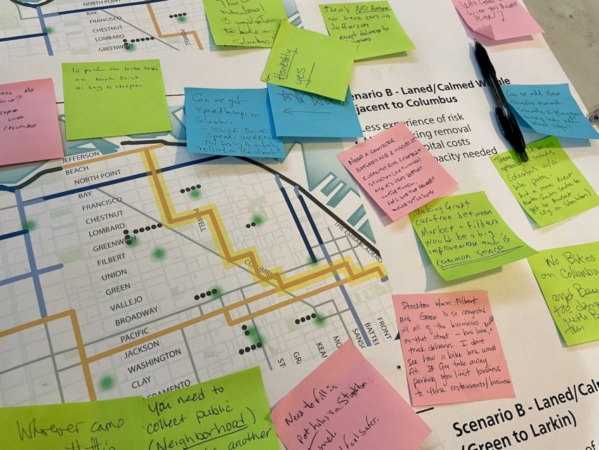 A table with a city map covered by different colored sticky notes and written comments, with a pen placed on top.