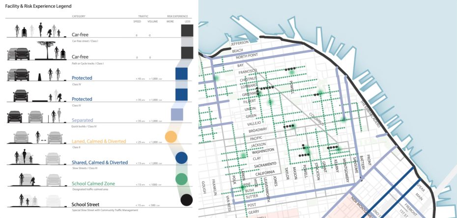 Map of a city grid with various colored lines and dots indicating types of bike facilities and risk levels. Key on the left describes categories such as car-free, protected, and shared lanes.