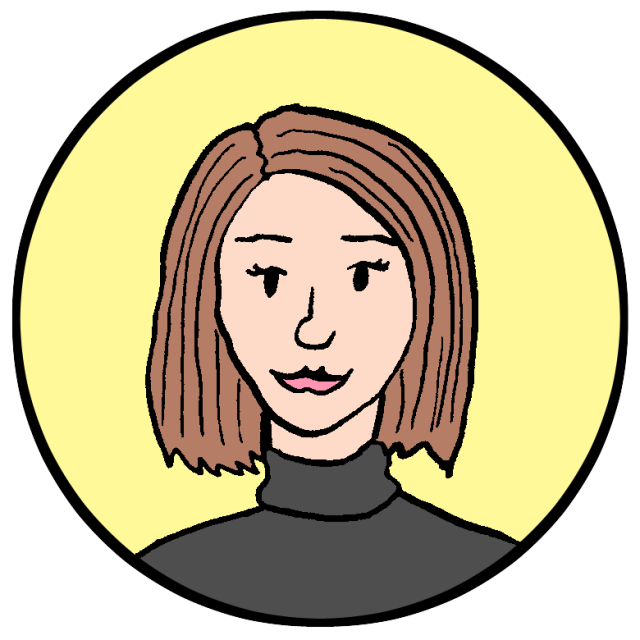 Illustration of a person with shoulder-length brown hair wearing a dark turtleneck, set against a yellow circular background.
