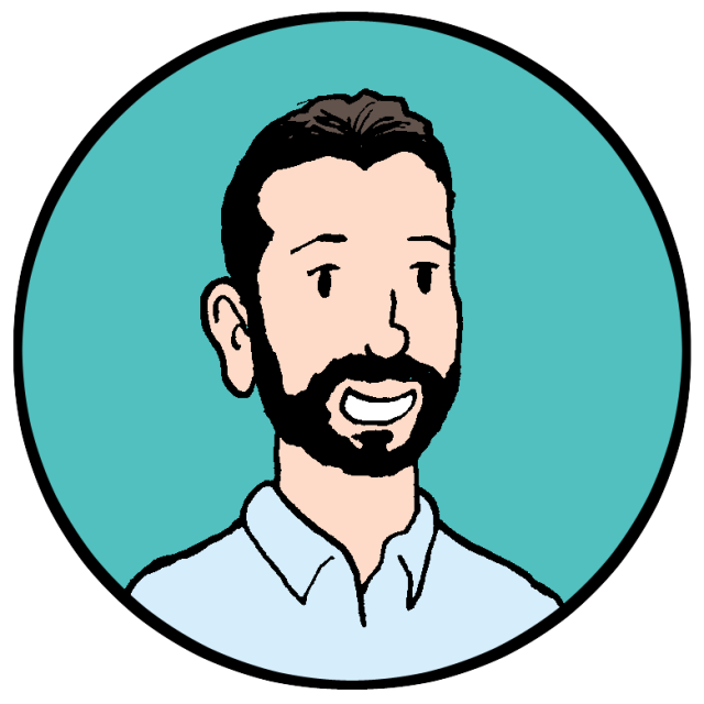 Cartoon illustration of a smiling man with a beard and short hair, wearing a light blue collared shirt, set against a teal circular background.