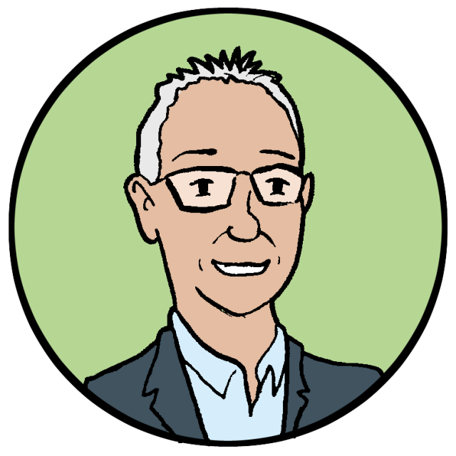 Cartoon illustration of a smiling man with short-cropped white hair, glasses, and a suit jacket, set against a green circular background.