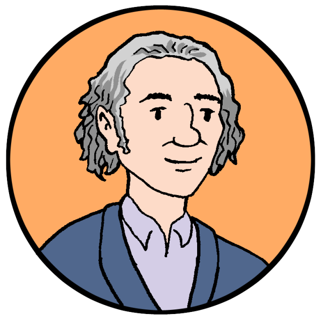 Cartoon drawing of a person with gray hair, light skin, and a blue jacket, set against an orange circular background.