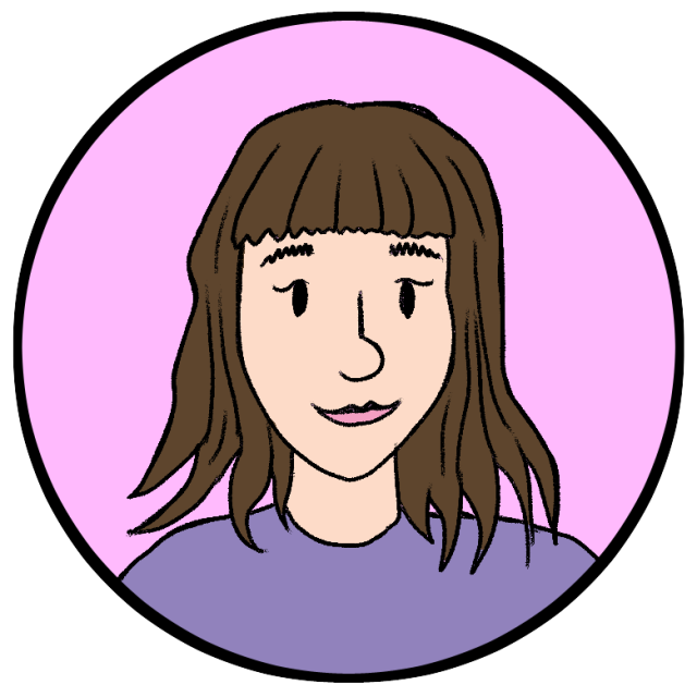 A digital illustration of a person with wavy brown hair, wearing a purple top, set against a pink background encircled by a black line.