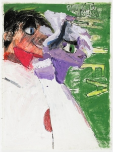 Abstract painting featuring two stylized faces with exaggerated features, one with a red triangle on its cheek and the other in purple, set against a green background with white and yellow accents.