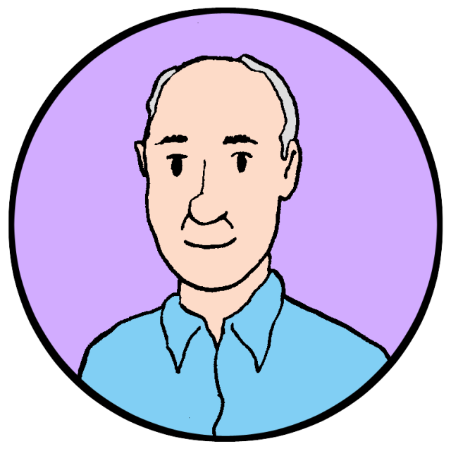 Illustration of a person with short, gray hair, wearing a blue collared shirt, depicted inside a purple circle. School board member Matt Alexander.