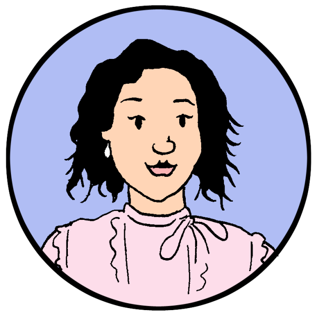 Illustration of a person with wavy black hair, wearing a light pink blouse with a bow, inside a circular blue background.
