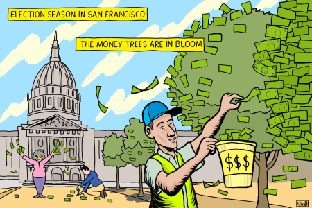 Comic-style illustration depicting a person picking dollar bills from a tree labeled "THE MONEY TREES ARE IN BLOOM" in front of a government building during "ELECTION SEASON IN SAN FRANCISCO.