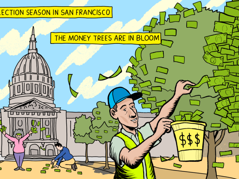 Comic-style illustration depicting a person picking dollar bills from a tree labeled "THE MONEY TREES ARE IN BLOOM" in front of a government building during "ELECTION SEASON IN SAN FRANCISCO.