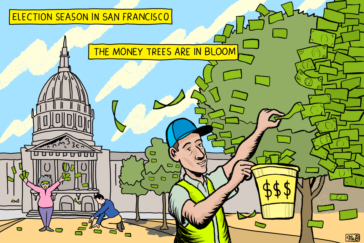 Comic-style illustration depicting a person picking dollar bills from a tree labeled "THE MONEY TREES ARE IN BLOOM" in front of a government building during "ELECTION SEASON IN SAN FRANCISCO.