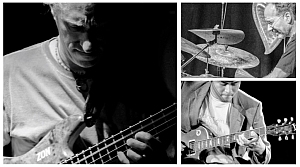 Black and white photo collage featuring three musicians: a bassist on the left, a drummer in the top right, and a guitarist in the bottom right.