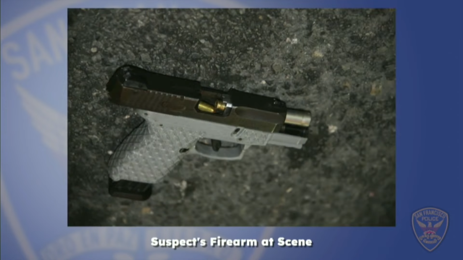A picture of Lopez's gun, taken at the scene of the Tenderloin shooting, shows that a bullet jammed in the chamber. Screenshot from photo released by San Francisco Police Department.