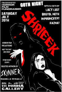 Black and red poster for the "Goth Night Shrieek" horror film fundraiser with DJ sets and horror film projections. Event on Saturday, July 20th at 111 Minna Gallery. Admission for 21+ with fee details.
