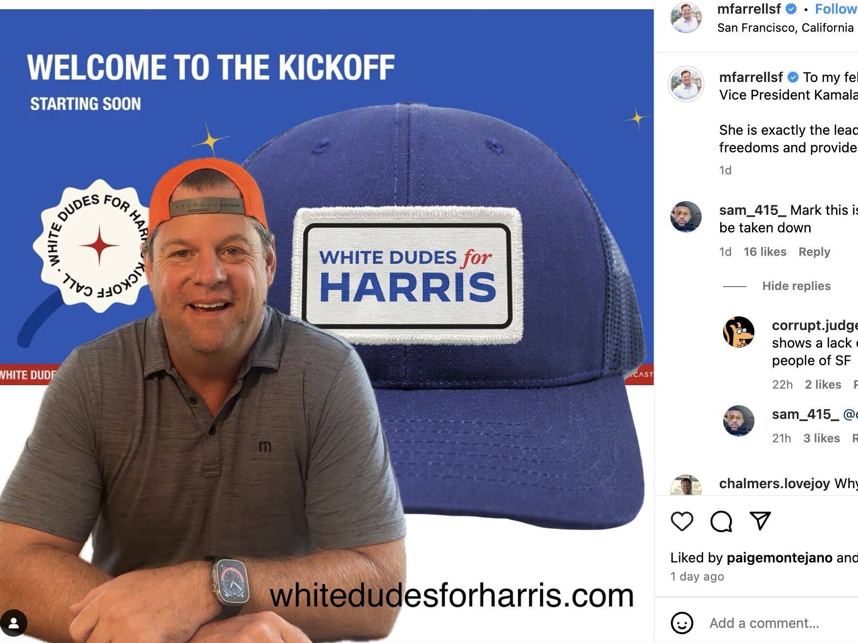 A man wearing an orange shirt sits in front of a promotional graphic featuring a blue cap and the text "Welcome to the Kickoff" and "White Dudes for Harris," along with the website white dudes for harris dot com.