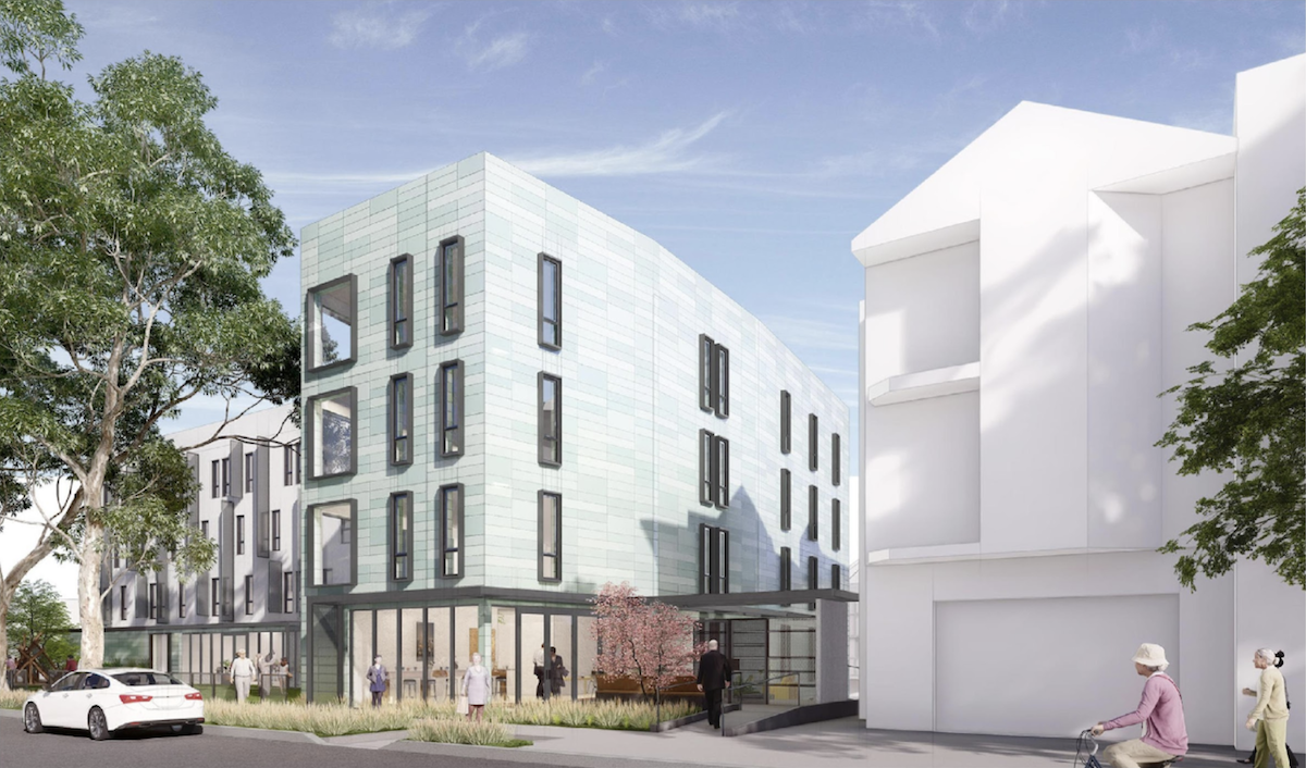 Modern multi-story building with large windows and greenish exterior at 3333 Mission. People walk and cycle nearby, with trees and a car in the foreground. Adjoining white building on the right.