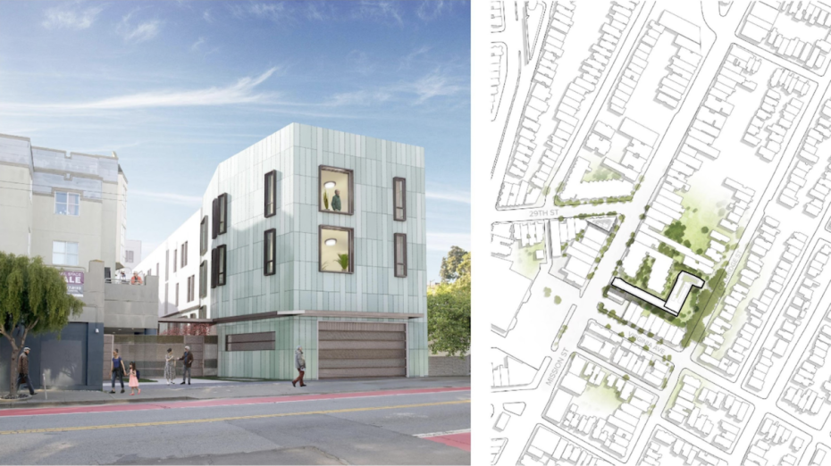 A modern green building with large windows on a street corner, adjacent to a street map highlighting 3333 Mission among residential houses.