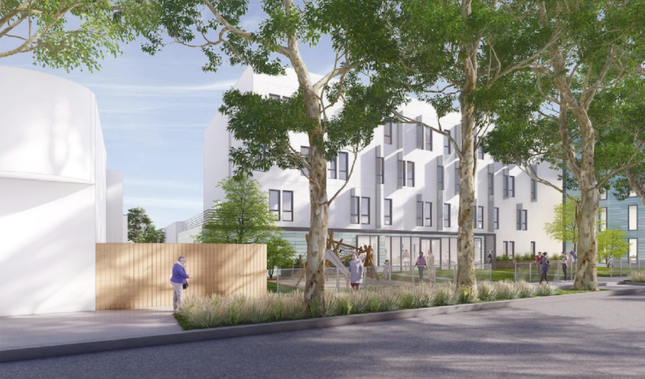 The modern multi-story building at 3333 Mission boasts large windows, framed by trees and greenery. Two people walk on the sidewalk, while a few others stand near the entrance. The sky is clear, lending a serene atmosphere to the area.