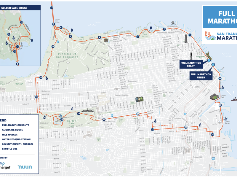 Map showing the route of the San Francisco Full Marathon. The course starts and finishes near the Bay, passing major landmarks including the Golden Gate Bridge. Key points and shuttle bus routes are marked.
