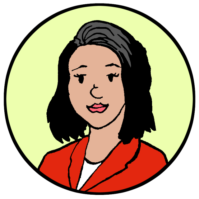 Illustration of a woman with medium-length black hair, wearing a red blazer and a white top, set against a light green circular background.